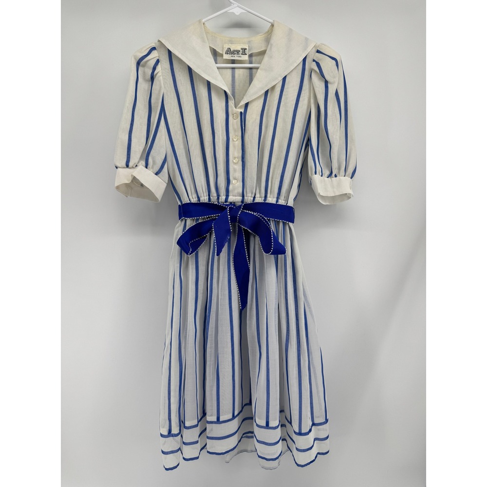 Vintage Act I New York Sailor Dress Blue White Stripe Nautical Midi Belted Fair
